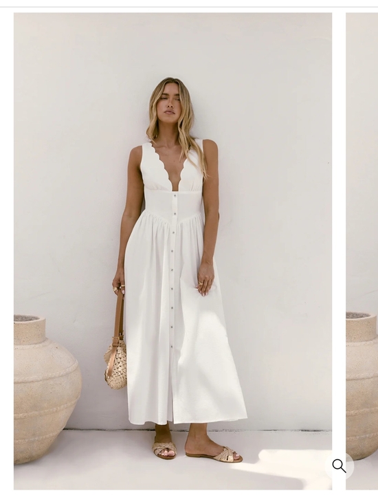 Fortunate One Dresses & Skirts - Fortunate One: Scallop V-Neck White Button-Front Maxi Dress